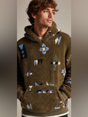 Scotch & Soda Men’s Sherpa Fleece Pullover Hoodie Olive Print Size Large L